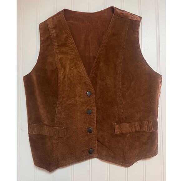 Vintage Reversible Leather Suede Corduroy Vest Pointed Front Waist Coat Small - Picture 1 of 8